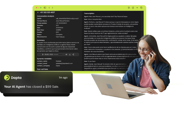 Woman on laptop using Dapta AI platform for AI agent call summaries and sales automation.