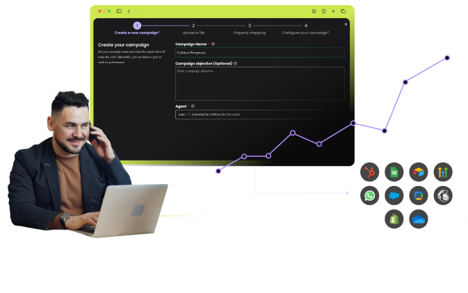 Business professional using Dapta AI platform on laptop to create an automation campaign with growth analytics and app integrations.