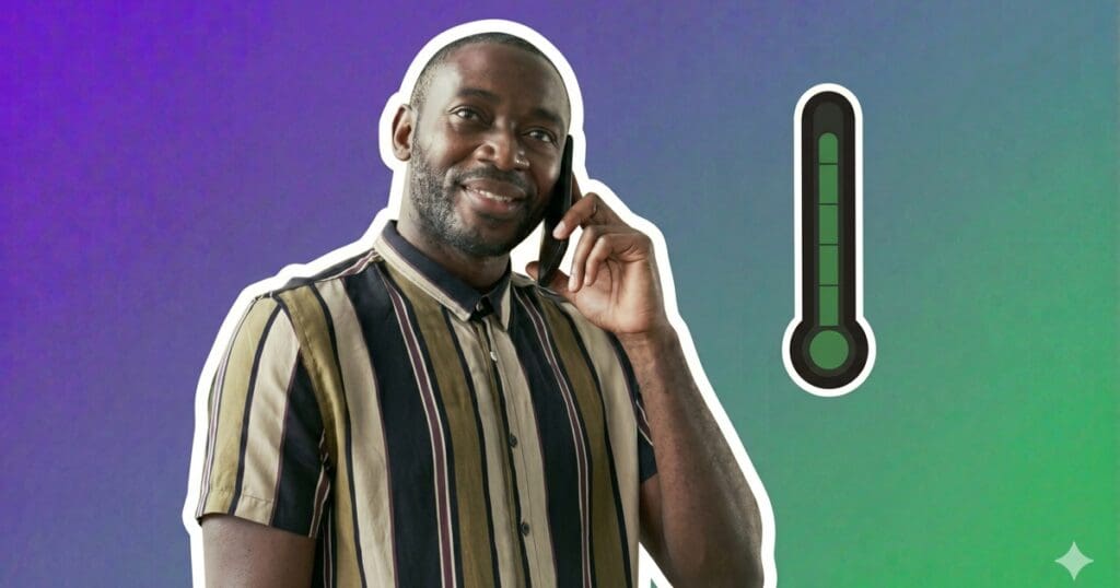 Customer smiling during a phone call with an AI voice agent, alongside a green accuracy gauge representing Dapta's Call Eval AI automated evaluation.