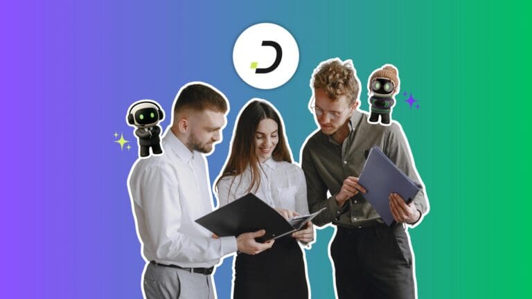 Three small business team members reviewing work together with the Dapta logo and AI agent characters, illustrating an AI assistant for business helping a non-technical SMB team.