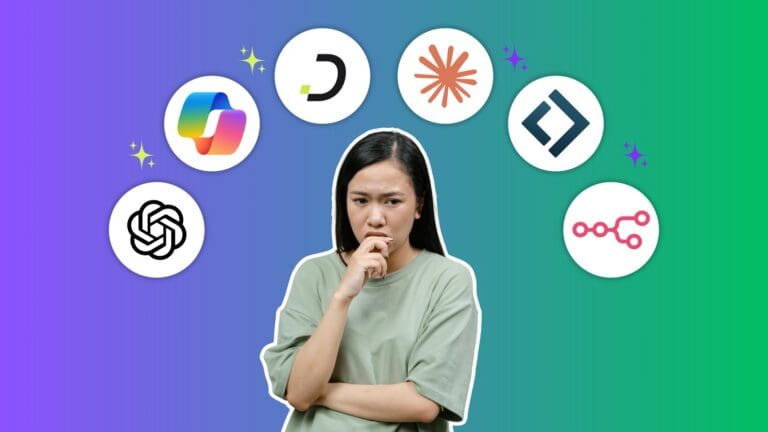Thoughtful person deciding among the top AI agent platforms in 2026: OpenAI, Microsoft Copilot, Dapti, Claude, Lindy and n8n logos floating around her.