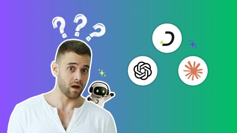 Surprised man with question marks above his head and AI agent characters next to logos for Dapti, ChatGPT and Claude, illustrating common myths about no-code AI agents.