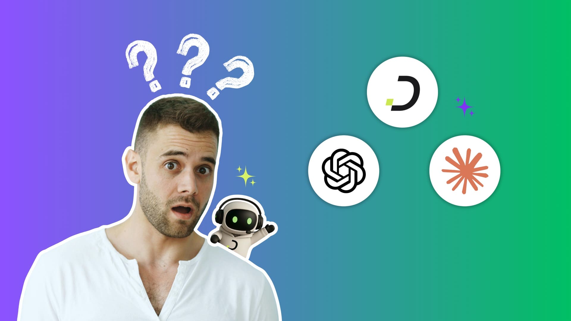 Surprised man with question marks above his head and AI agent characters next to logos for Dapti, ChatGPT and Claude, illustrating common myths about no-code AI agents.