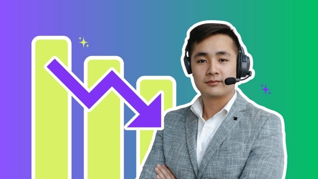 Sales rep with headset and a declining bar chart showing lead conversion drop