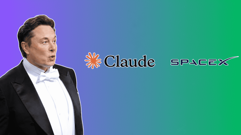 Elon Musk with the Anthropic Claude logo and SpaceX logo over a purple-to-green gradient