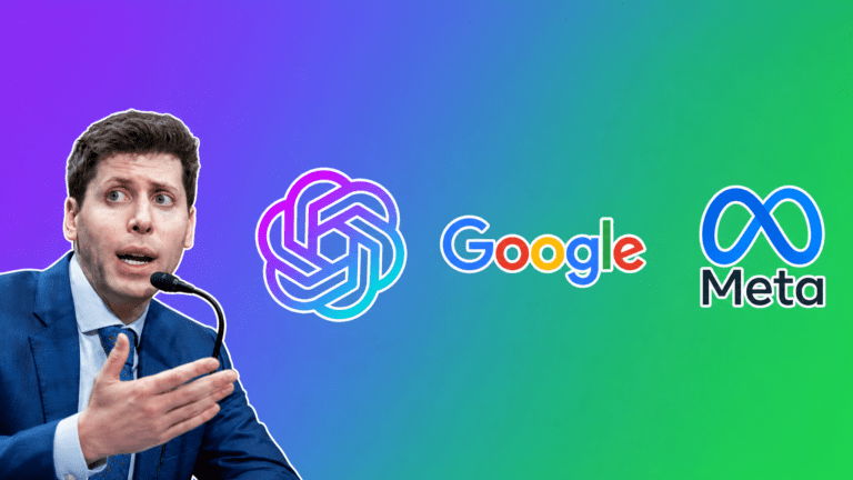 Sam Altman with the ChatGPT, Google, and Meta logos over a purple-to-green gradient