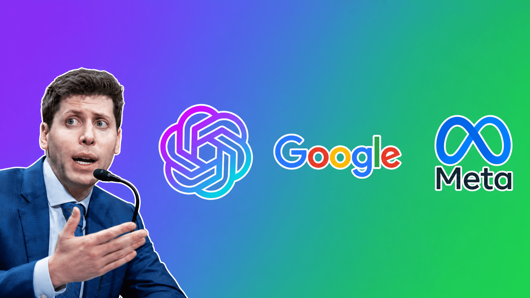 Sam Altman with the ChatGPT, Google, and Meta logos over a purple-to-green gradient