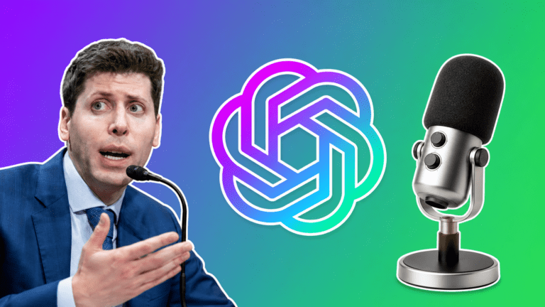 Sam Altman with the ChatGPT logo and a studio microphone over a purple-to-green gradient