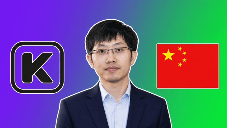 The Kimi K logo, DeepSeek CEO Liang Wenfeng, and the Chinese flag over a purple-to-green gradient