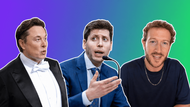 Elon Musk, Sam Altman, and Mark Zuckerberg over a purple-to-green gradient background, AI Insider Week 19 cover