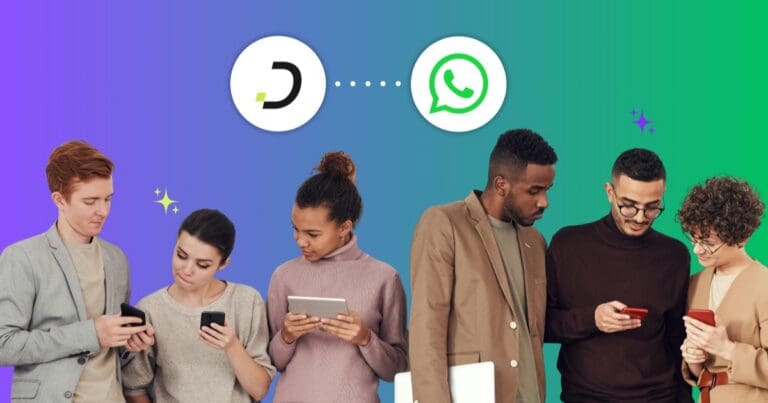 Diverse customers on phones connected to Dapta and WhatsApp logos via a dotted line, illustrating a WhatsApp AI agent serving global users 24/7.