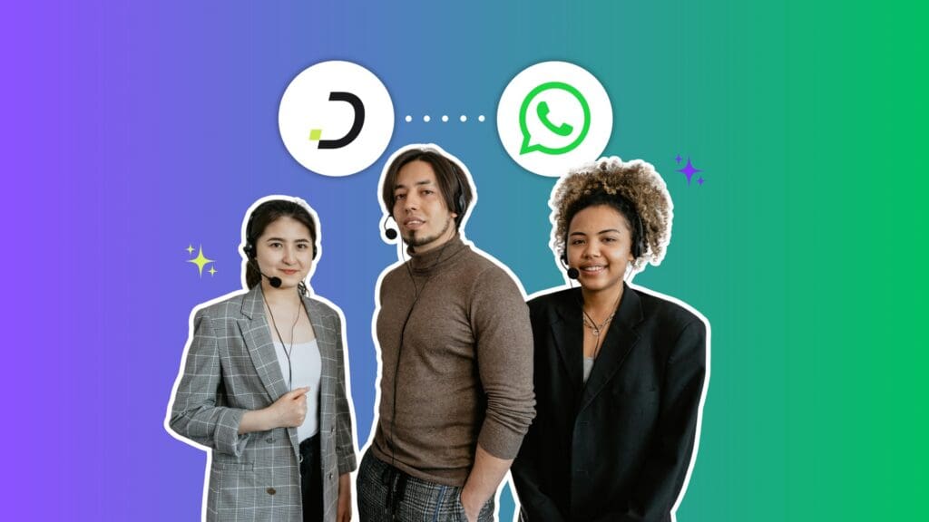WhatsApp AI agent support team: three customer service reps with headsets, Dapta and WhatsApp logos connected
