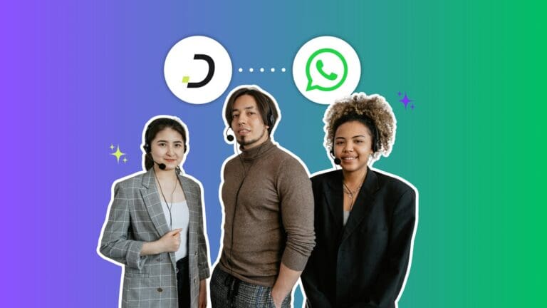 WhatsApp AI agent support team: three customer service reps with headsets, Dapta and WhatsApp logos connected