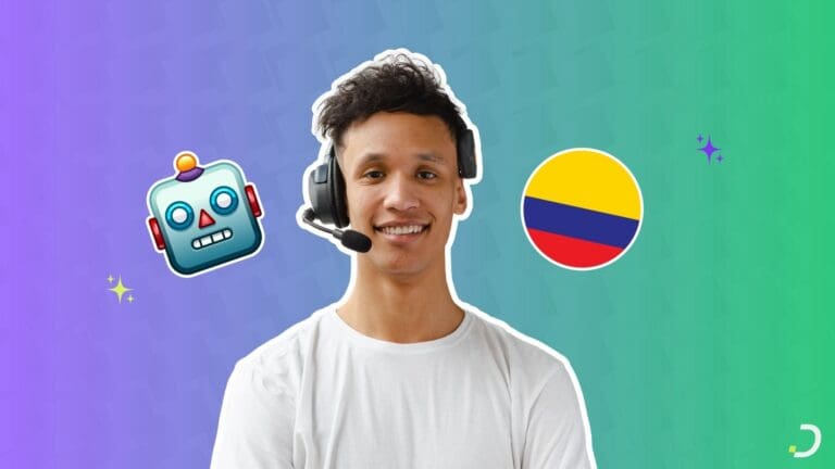 Asesor de cobranza con auriculares junto a la bandera de Colombia, agente de cobranza con IA en Colombia con acento local