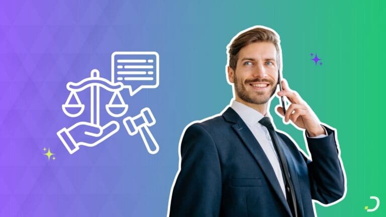 AI answering service for law firms: an attorney on a phone call with scales of justice and a gavel