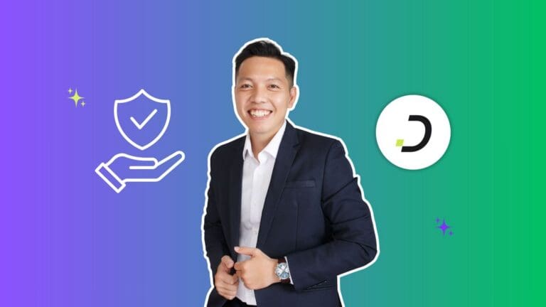 Smiling insurance agent with a shield protection icon, AI answering service for insurance agents by Dapta
