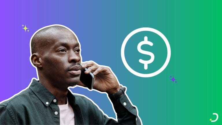 Man on a collections call beside a dollar icon, debt collection call script templates, Dapta