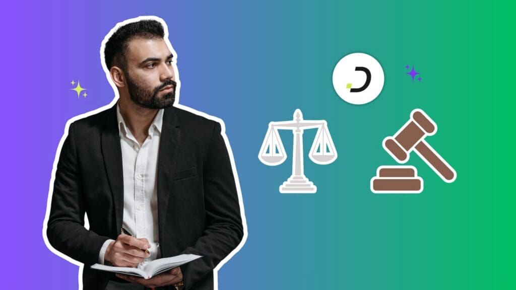 Lawyer taking notes with scales of justice and a gavel, Dapta AI client intake for law firms