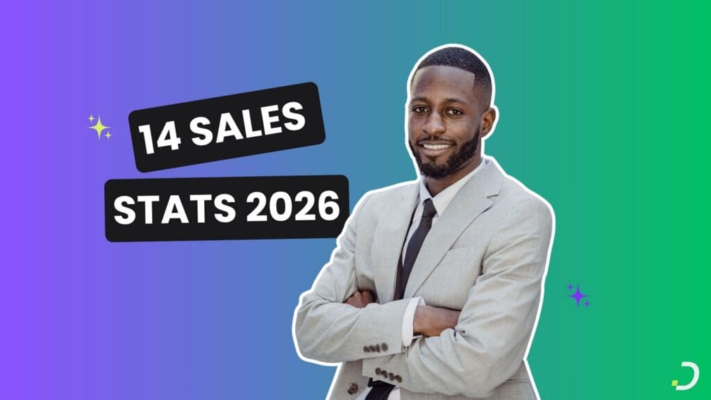 Confident salesman with text 14 Sales Stats 2026, AI in sales statistics by Dapta