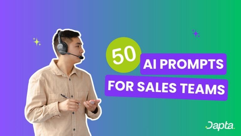 Sales rep with a headset and the text 50 AI Prompts for Sales Teams, Dapta
