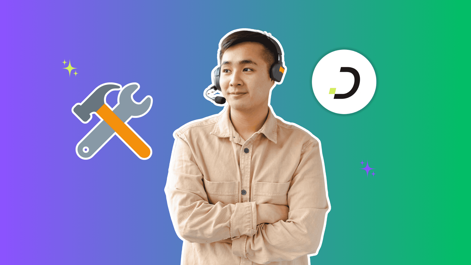 Contractor with a headset, hammer and wrench icons, AI receptionist for small business by Dapta