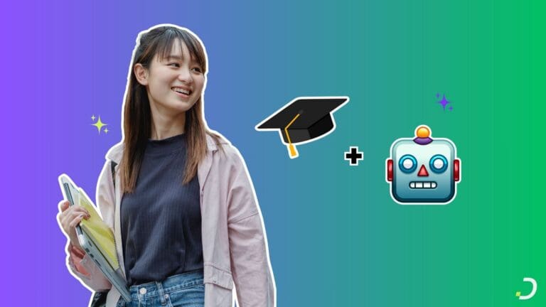 Smiling student holding a laptop with a graduation cap and robot emoji, Dapta AI for student enrollment