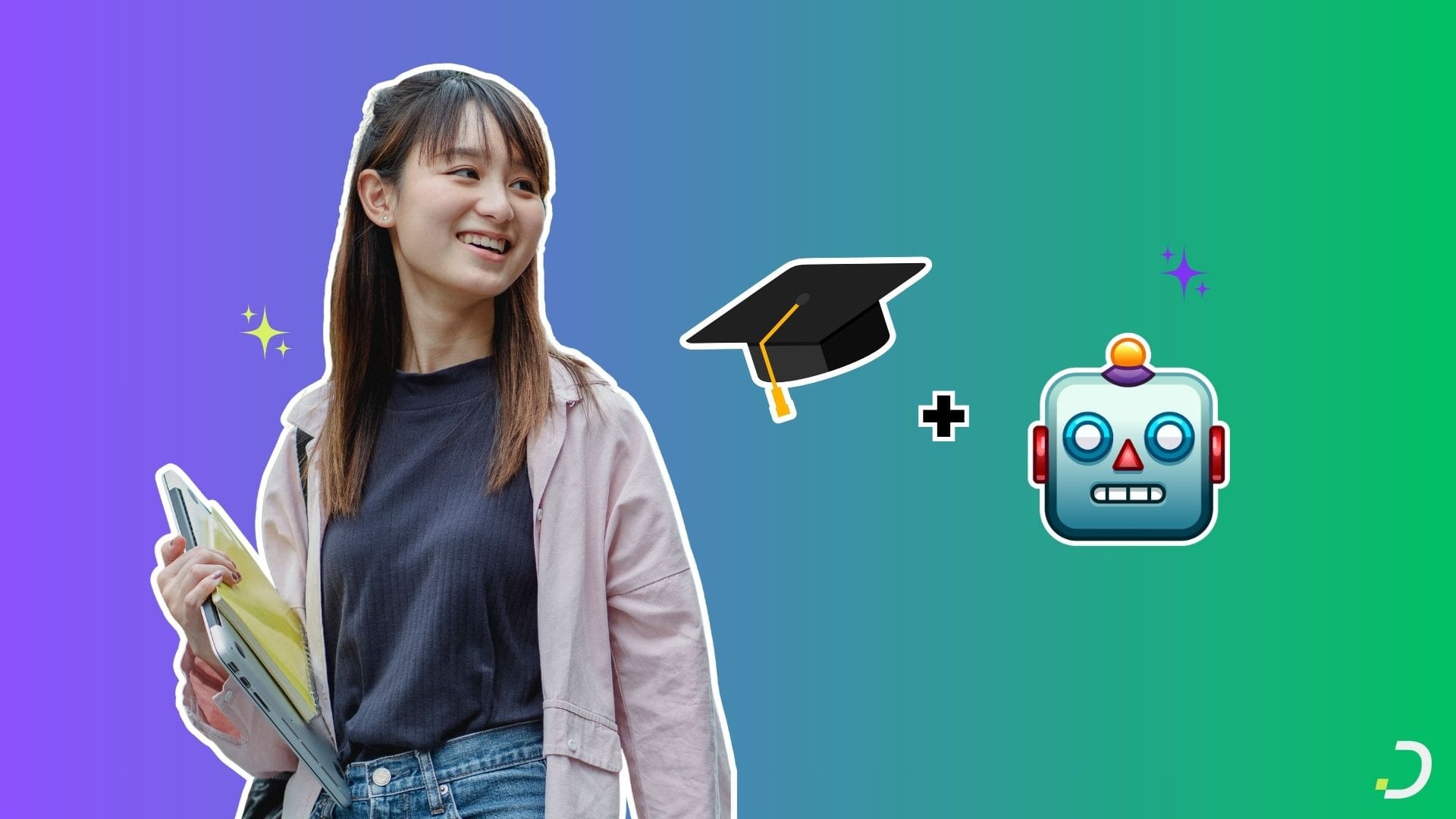 Smiling student holding a laptop with a graduation cap and robot emoji, Dapta AI for student enrollment