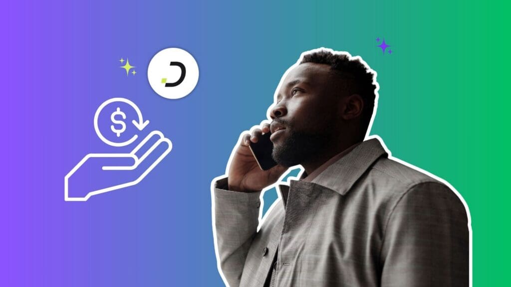 Automatización de cobranzas con IA: agente al teléfono junto a un ícono de recuperación de pagos, con la marca Dapta