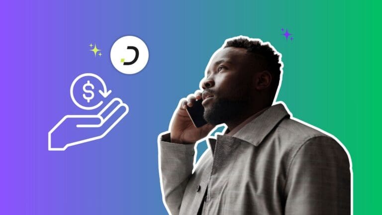 Automatización de cobranzas con IA: agente al teléfono junto a un ícono de recuperación de pagos, con la marca Dapta