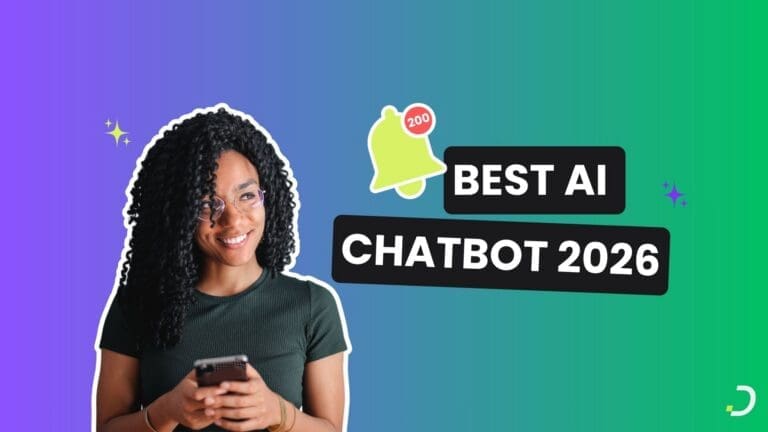 Smiling woman on her phone with a 200-notifications bell and the text Best AI Chatbot 2026, Dapta