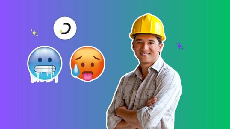 Smiling HVAC contractor in a hard hat with hot and cold emojis, Dapta AI phone answering service
