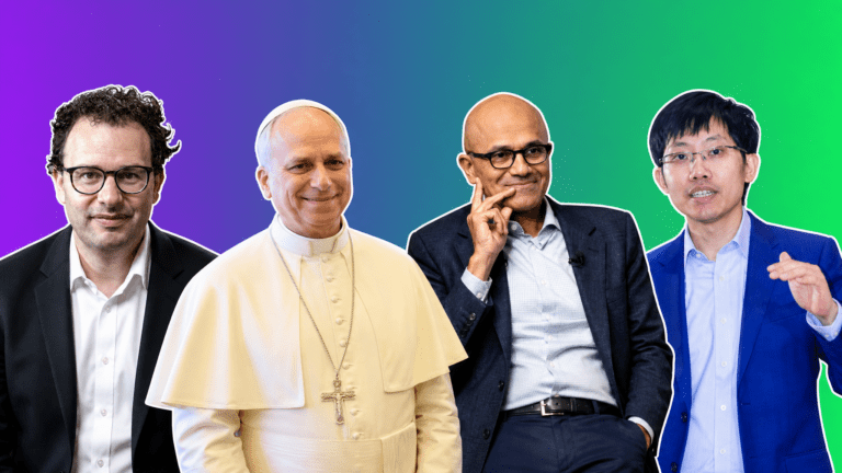 Dario Amodei, Pope Leo XIV, Satya Nadella, Liang Wenfeng over purple-to-green gradient, AI Insider Week 22 cover