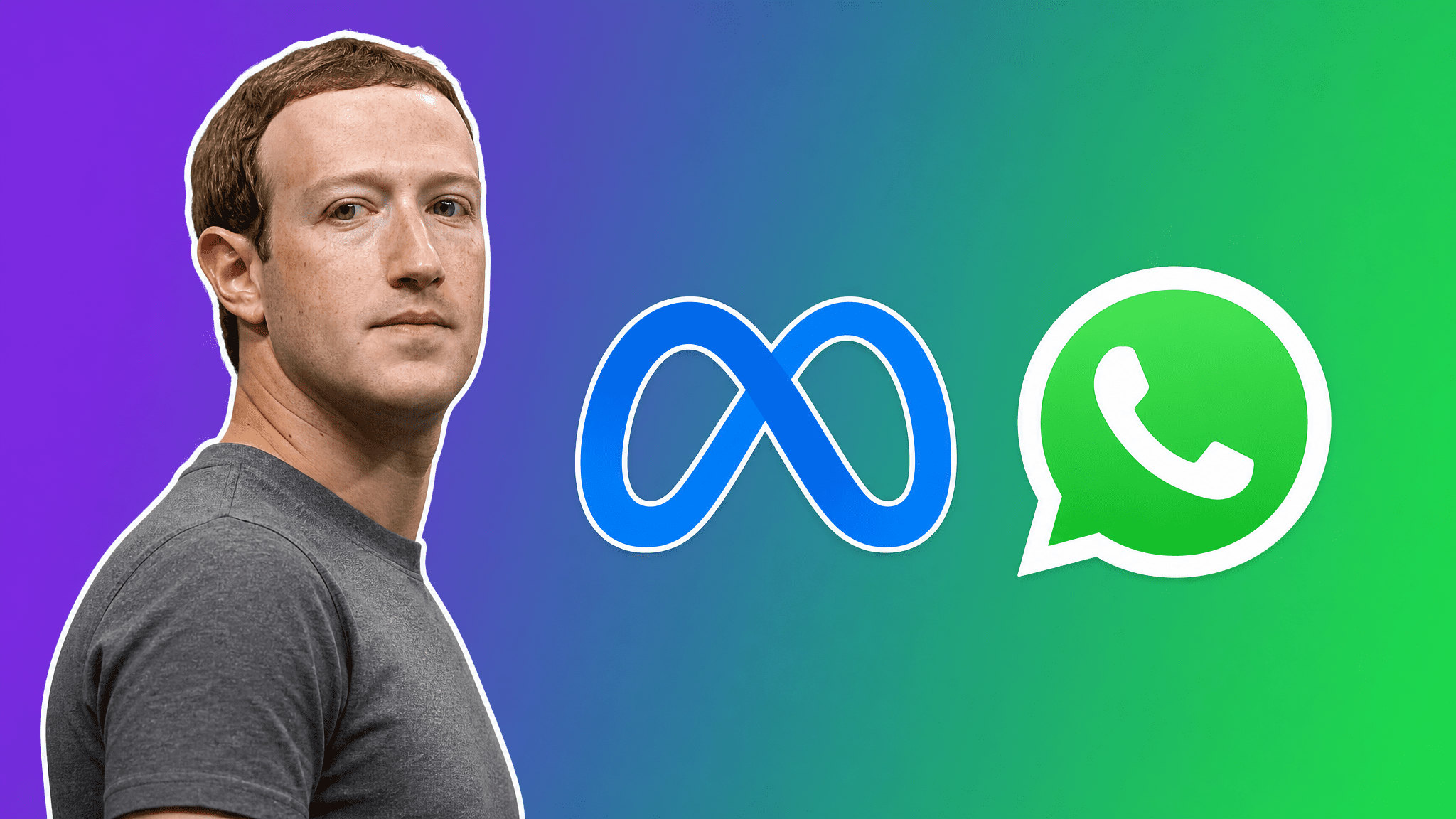 Mark Zuckerberg, Meta logo, WhatsApp logo on purple-to-green gradient, AI Insider Week 23 Story 3