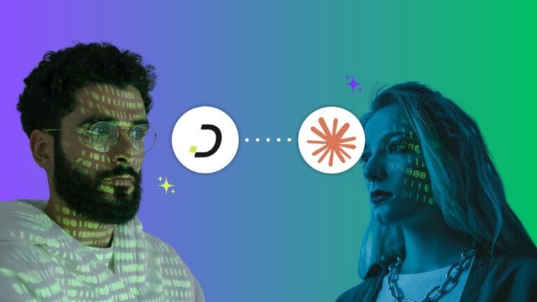 Two people with binary code projected on their faces, with the Dapta and Claude logos connecting between them, representing the Dapta MCP linking your workspace to Claude.