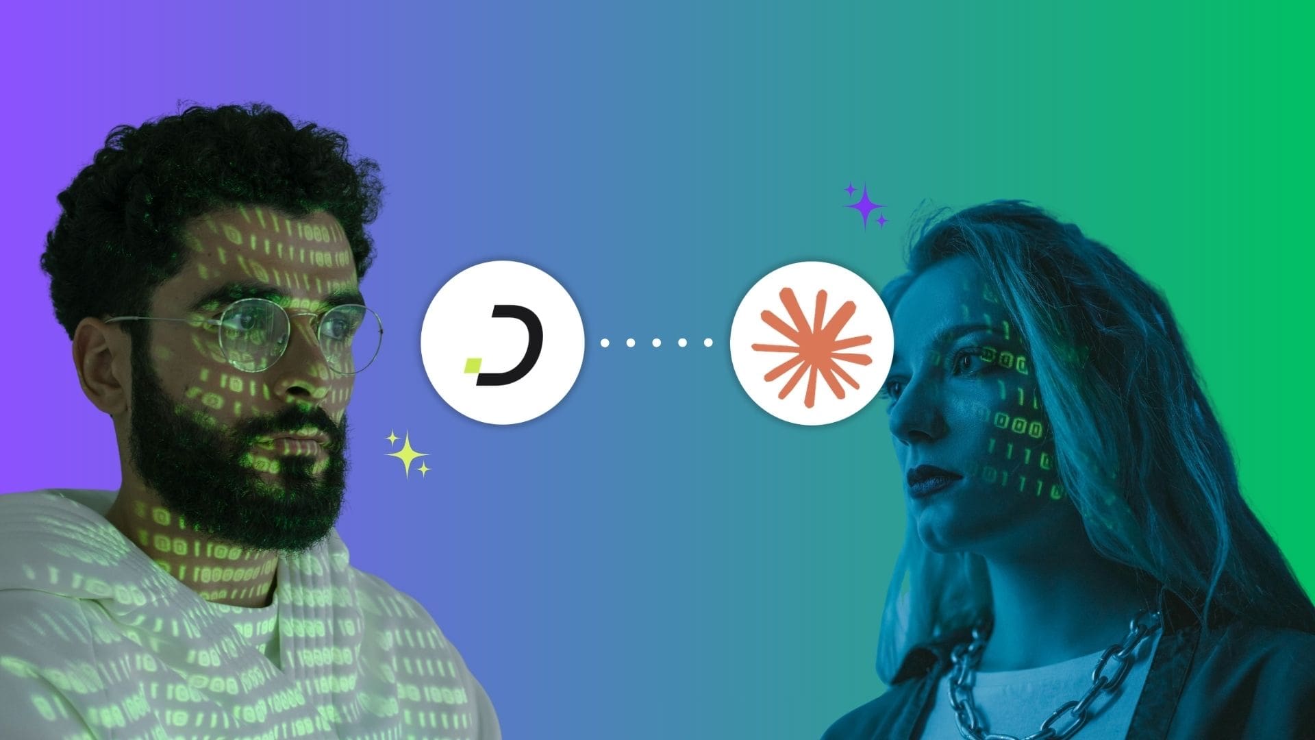 Two people with binary code projected on their faces, with the Dapta and Claude logos connecting between them, representing the Dapta MCP linking your workspace to Claude.