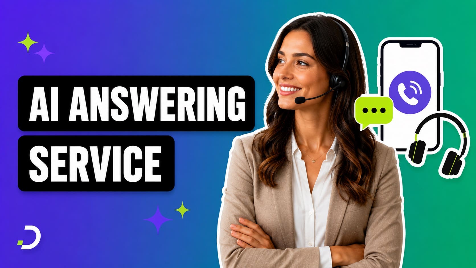 AI answering service shown as a smiling headset agent with a smartphone and chat icons
