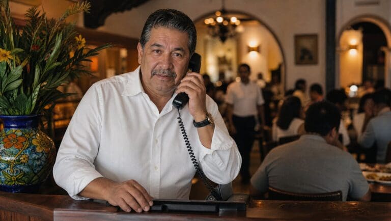 Restaurant owner answering a call with an AI answering service for restaurants