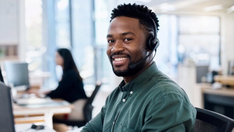 Sales professional using an AI voice agent on a headset call
