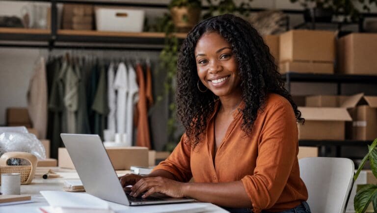 Ecommerce owner using an AI chatbot for ecommerce on a laptop