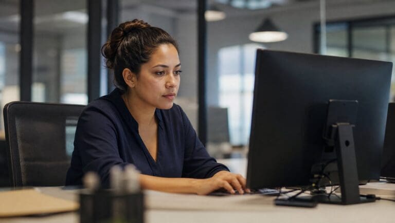 Profesional de marketing revisando la calificación de leads con IA en pantalla