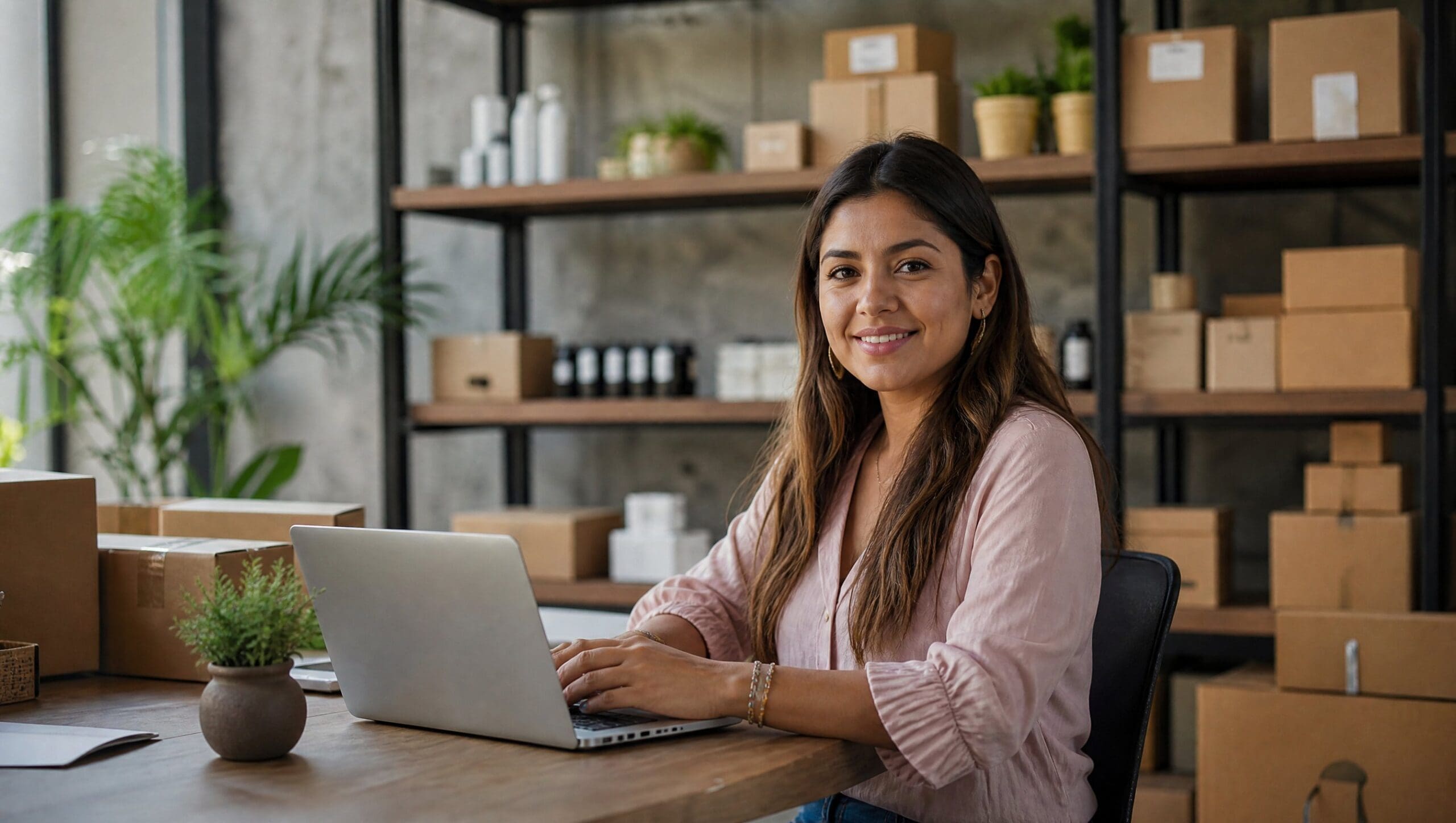 Dueña de ecommerce usando chatbots con IA para ecommerce en una laptop