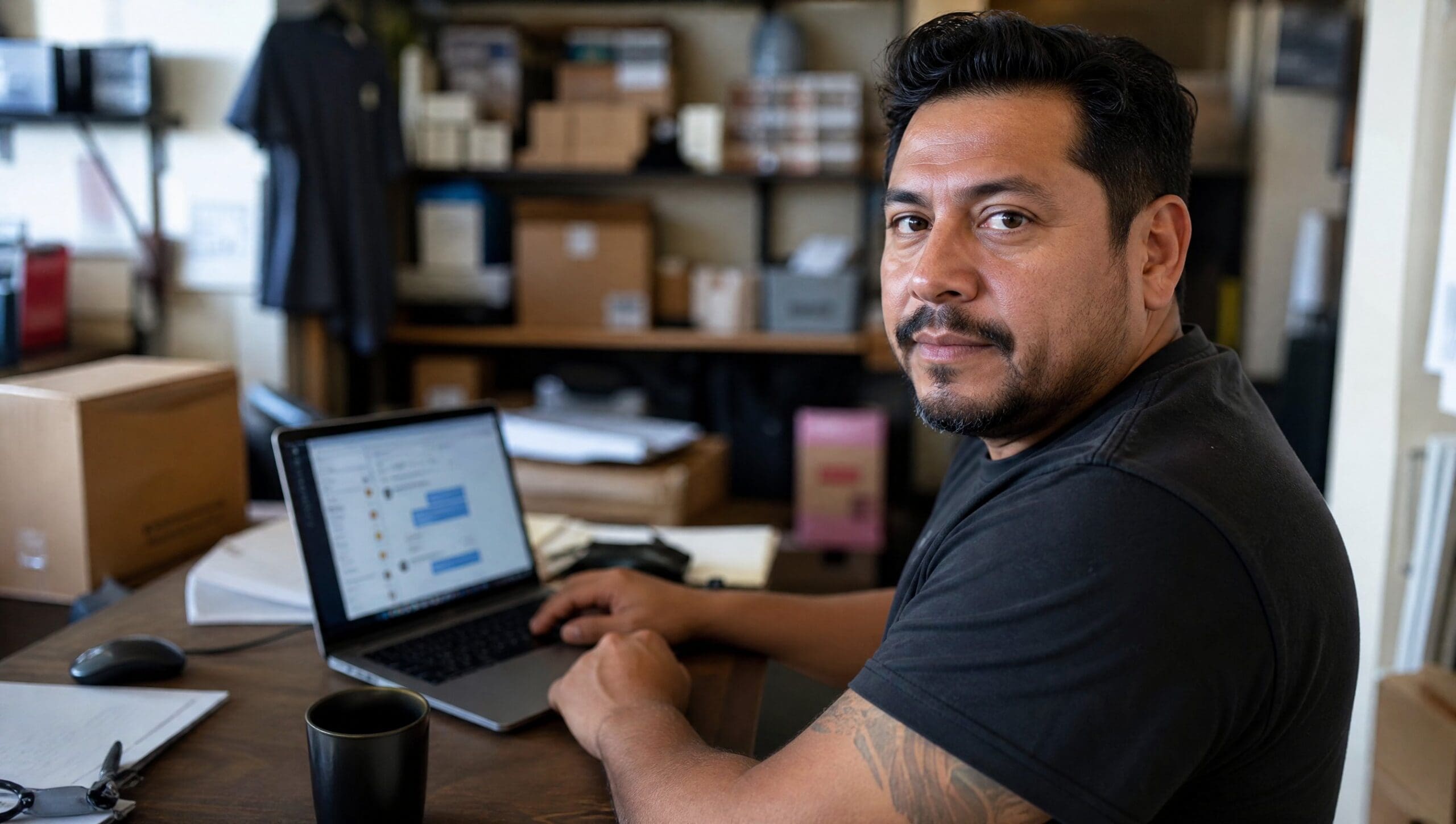 Dueño de pyme usando una plataforma de IA conversacional en una laptop