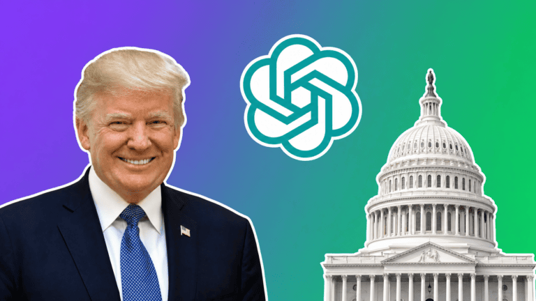 AI news OpenAI: Donald Trump with the OpenAI logo and the US Capitol. Noticias de IA OpenAI.