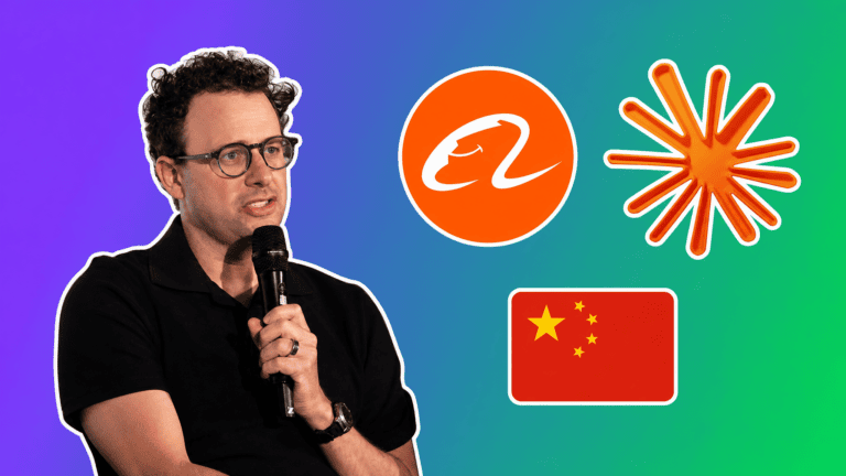 AI news Alibaba: Dario Amodei with the Alibaba logo, Claude icon and China flag. Noticias de IA Alibaba.