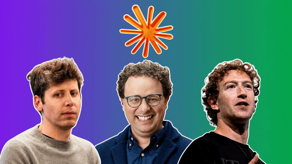 AI news: Sam Altman, Dario Amodei and Mark Zuckerberg with the Claude logo. Noticias de IA.