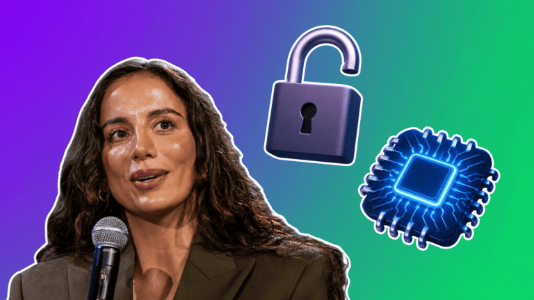 Mira Murati with an open padlock and a microchip, AI news Mira Murati Inkling cover