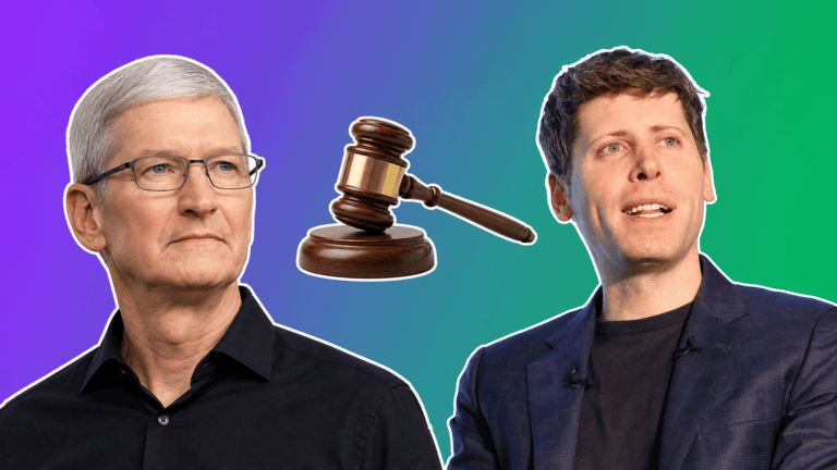 Tim Cook and Sam Altman with a gavel, AI news Apple sues OpenAI cover