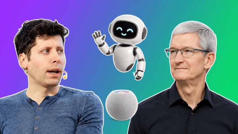 Sam Altman, Tim Cook, a robot and a smart speaker on a purple to green gradient, AI news Week 29 cover
