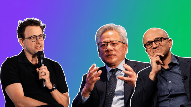 Dario Amodei facing Jensen Huang and Satya Nadella, AI news open weights fight cover