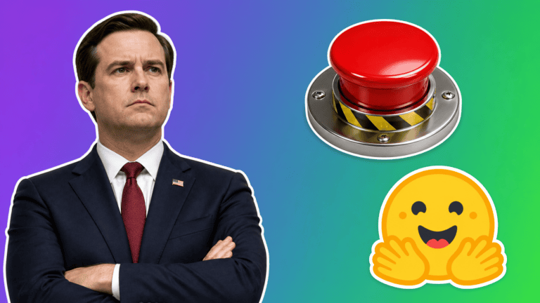 A US legislator with a red kill switch button and the Hugging Face logo, AI news AI Kill Switch Act cover